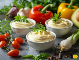 Cups of mayonnaise placed on a background of various fresh vegetables