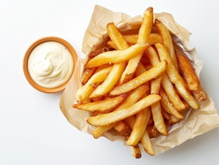 Crispy French fries with a side of mayonnaise on a clean white background Perfect for foodrelated websites