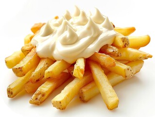 Golden French fries dipped in creamy white mayonnaise