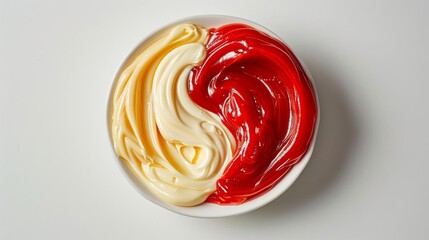 Mayonnaise and ketchup arranged in a yingyang design