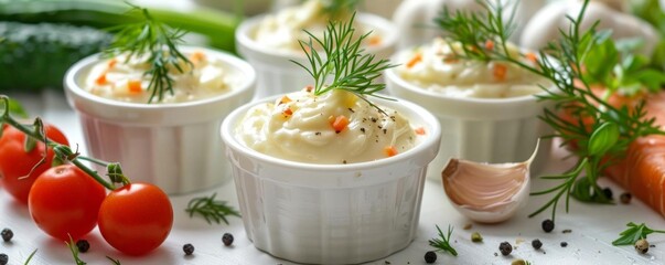 Mayonnaise cups placed among fresh vegetables, set against a white background Great for use in food photography, nutrition websites, and culinary content Copy space provided