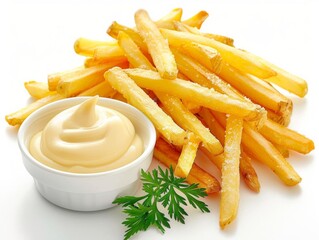 Pile of French fries next to a dipping bowl filled with mayonnaise