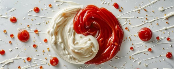 Yingyang pattern using mayonnaise and ketchup on a white background Great for culinary arts, food product promotions, and creative cooking blogs Copy space provided