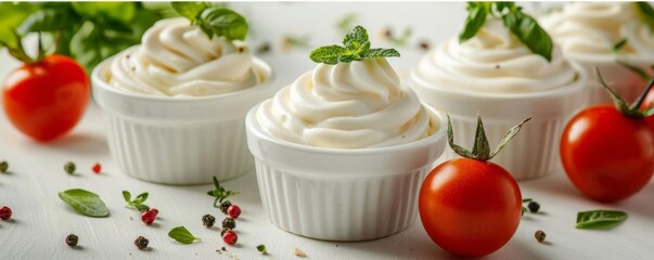Mayonnaise cups placed among fresh vegetables, set against a white background Great for use in food photography, nutrition websites, and culinary content Copy space provided