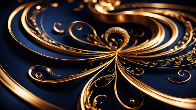 Design an abstract background featuring elegant golden swirls on a deep navy blue background. The swirls should be intricate and smooth, creating a luxurious and sophisticated effect.