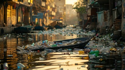 Fototapeta premium a city canal clogged with plastic bottles and garbage, showing water pollution