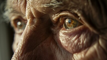 Close-up of elderly man's eyes with reflections showing fragmented, incomplete picture, hinting at the distorted reality of dementia.