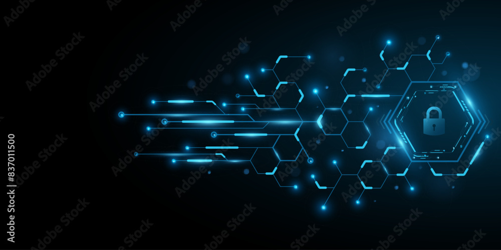 Poster sci fi hud dashboard of hexagons with touch lock button. glowing circuit board. futuristic user inte