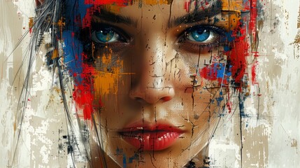 Bold, fragmented portrait fusing traditional and digital art techniques, showcasing vivid colors and geometric forms exploring identity in the digital age.