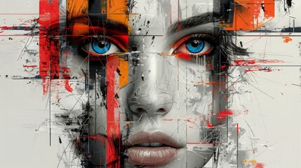 Colorful, fragmented portrait blending traditional and digital art, featuring bold brush strokes, geometric shapes, and vibrant colors against a textured background.