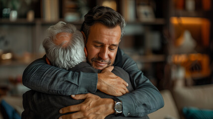 Fototapeta premium A man hugs father at home in the living room