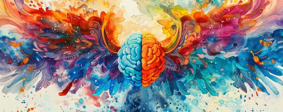 A vivid watercolor portrait of a brain and heart with wings, soaring together in a sky filled with abstract patterns, representing freedom and unity