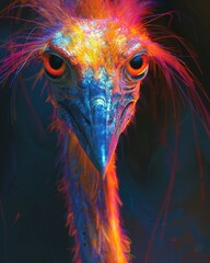Dynamic digital portrait of a vivid Quetzalcoatlus with neon accents, set against a dark void, exuding mystical power.