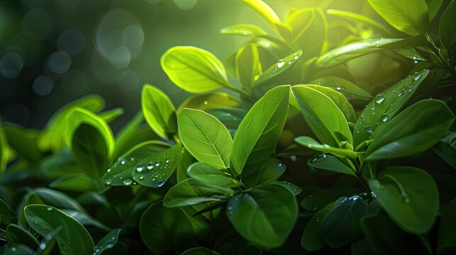Close-up of vibrant green leaves with fresh dewdrops, bathed in natural sunlight, creating a peaceful nature-inspired scene.