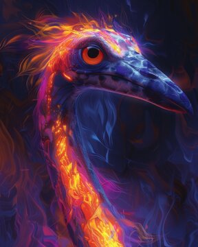 Vibrant digital portrait of Skinwalker with fiery strokes of neon blue, mustard, pink, gray, purple, green, yellow, orange, peach, red in dark void.