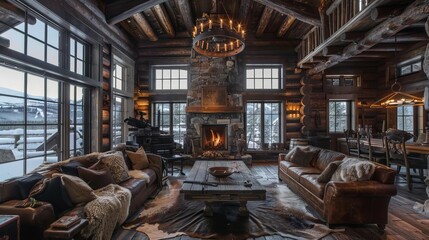 A spacious rustic living room with dark wood floors and log walls The room includes a brown leather sofa with wool and fur cushions