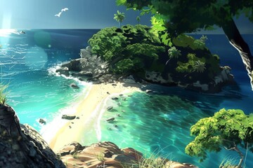 Vibrant island paradise from above - teal waters, pink sands, golden beaches, waiting to be discovered.