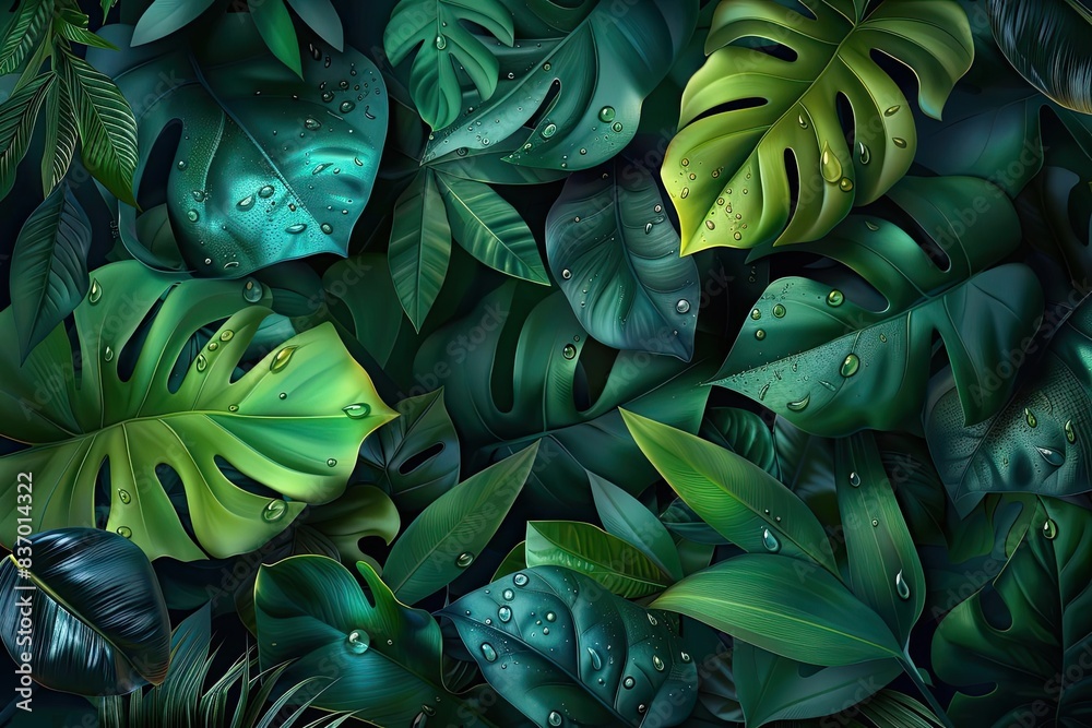 Poster lush green tropical leaves with water droplets in a dense forest setting, creating a vibrant and ref