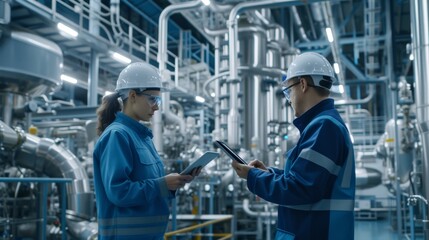 Fototapeta premium Team of engineers checking data on tablets while overseeing factory operations