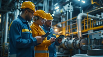 Team of engineers checking data on tablets while overseeing factory operations