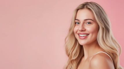Naklejka premium young smiling woman with blonde long hair isolated on pastel pink background