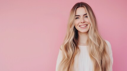 Naklejka premium young smiling woman with blonde long hair isolated on pastel pink background