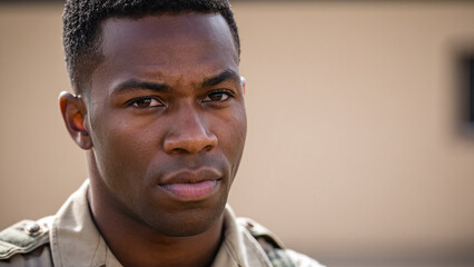 Fototapeta premium Portrait of a Black American Male Soldier in Military Uniform