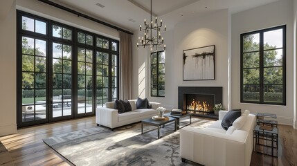 Beautiful living room interior with hardwood floors and fireplace in new luxury home