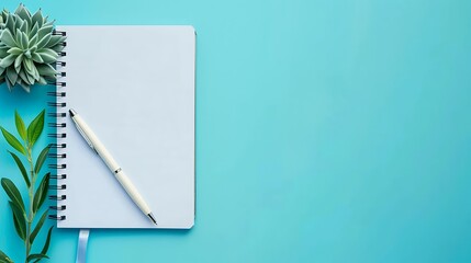 The world of workplace organization and inspiration with a real photo capturing a top view arrangement of office essentials, including a notebook and pen, on a soothing blue backdrop