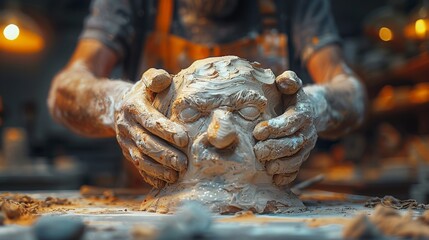 Artists hands shaping clay, bathed in soft light, highlighting skill and creativity in sculpting.