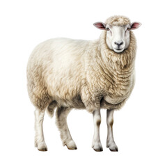 Fototapeta premium A photo of a fluffy white sheep standing and looking ahead, isolated on a white background. PNG transparent
