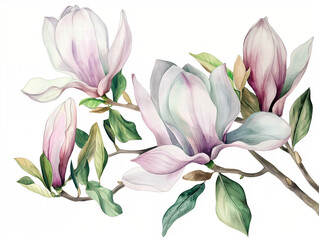 Obraz premium Watercolor Luxurious open magnolia flowers with buds and half-opened flowers and several leaves