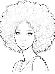 Simple cartoon Afro image for adult coloring book, woman's face only, no shading, low detail.