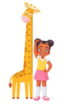 Little African American girl girl measuring her height. Cartoon vector illustration.