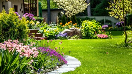 Obraz premium beautiful spring garden with flowers and lawn grass