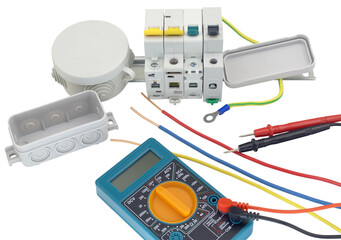 Fototapeta premium cutting box, digital multimeter, circuit breakers