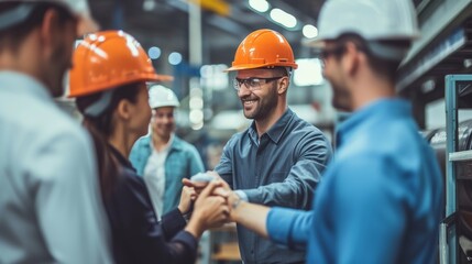Engineering team members shaking hands and smiling, marking the completion of a successful project