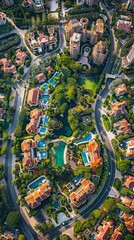Fototapeta premium Vibrant luxury homes and gardens in high-altitude city district, with colors of tiger orange, corn yellow, sand, and cyan blue.