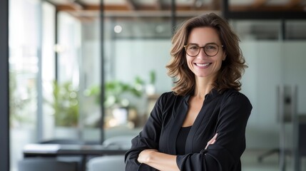 Female executive with crossed arms, in an office setting