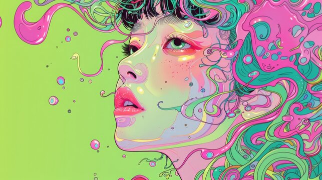Vibrant vexel artwork of a lab technician holding a fish, surrounded by blockchain symbols, a rose, bubble gum pink, neon green, and off-white tones.