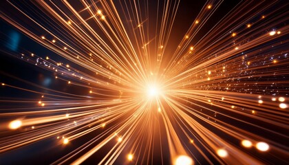 Fototapeta premium Orange fiber optic lights bursting from a central point, creating a vibrant visual effect. The radiant beams and sparkling dots evoke innovation, advanced technology, and a futuristic atmosphere. 