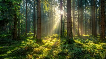 Obraz premium Enchanted woodlands. Serene capture of forest bathed in gentle morning sunlight