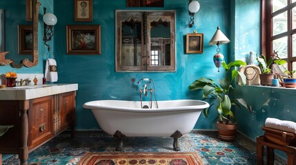 A lively maximalist bathroom with bright blue walls and a Moroccan tile floor The room includes a freestanding bathtub