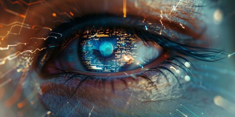 Close-up of an eye with a digital HUD interface reflecting data streams generated by AI