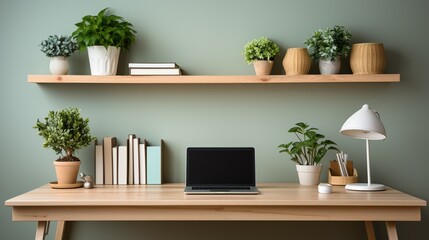 Fototapeta premium A sleek and modern office desk, neatly organized with a laptop, notebook, and minimalist stationery, creating an ideal workspace for productivity and focus. Minimal and Simple,