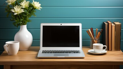 A sleek and modern office desk, neatly organized with a laptop, notebook, and minimalist stationery, creating an ideal workspace for productivity and focus. Minimal and Simple,