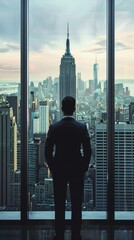 Fototapeta premium Ambitious Manager Contemplating Success in Modern Office with Manhattan Skyline View