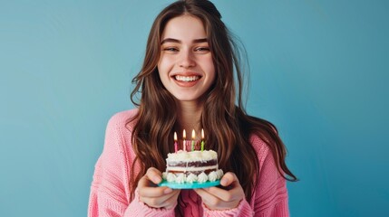 The woman holding birthday cake
