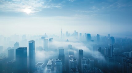 A city shrouded in mist and fog, with the sun's rays piercing through the haze.