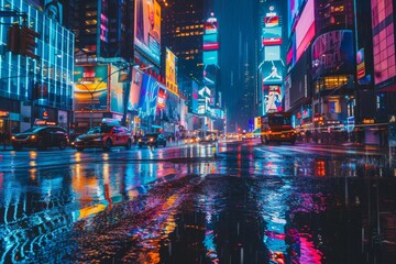 Design a futuristic cityscape at night, featuring towering skyscrapers with neon lights reflecting off rain-soaked streets